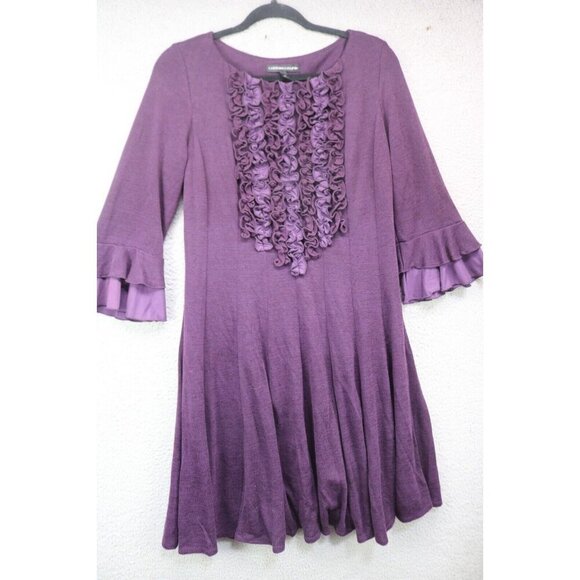 Chris Mclaughlin 3/4 Bell Sleeve Purple Dress-Size 14-Ruffles-Lined - Picture 1 of 8